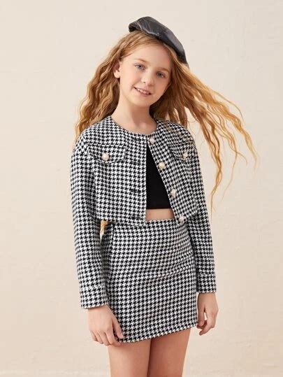 SHEIN Girls Houndstooth Print Crop Jacket Skirt Girls Playsuit