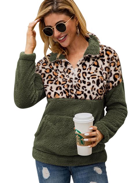 Bellella Women Fleece Hoodies Leopard Print Sweater Long Sleeve