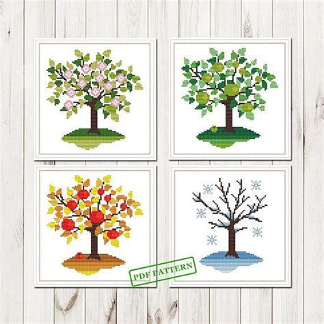 4 Season Tree Cross Stitch Pattern Modern Spring Summer Autumn Etsy