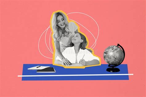 Composite Photo Collage Of Happy Schoolgirl Write Homework Geography Globe Blonde Girl Tutor