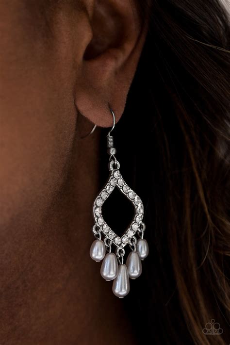 Paparazzi Divinely Diamond Silver Fringe White Pearl Rhinestone Earr