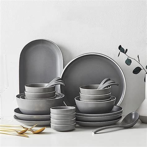 Liusu Porcelain Dinner Service Piece Round Dinnerware Sets Grey