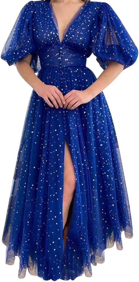 Azul Cobalto Estrellas De Tul Vestidos De Fiesta Brillante V Cuello De