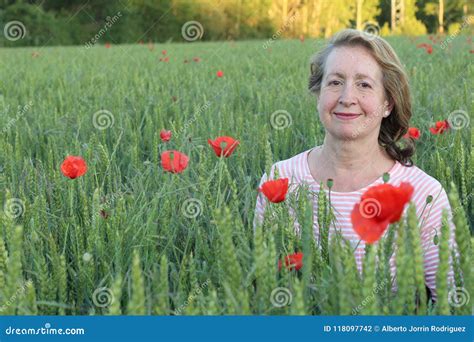 Mature Natural Woman In Poppy Field Stock Photo Image Of Caucasian Green 118097742