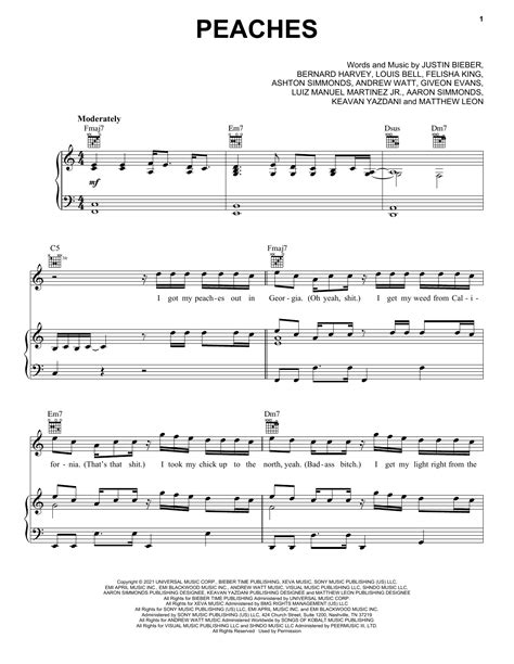 Justin Bieber 'Peaches (feat. Daniel Caesar & Giveon)' Sheet Music ...