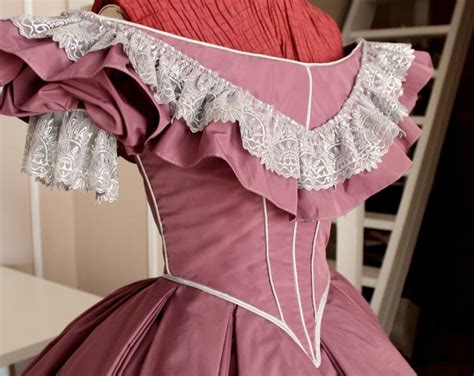 Victorian Ball Gown In Mauve Taffeta And Silver Lace 1860 Ball Gown