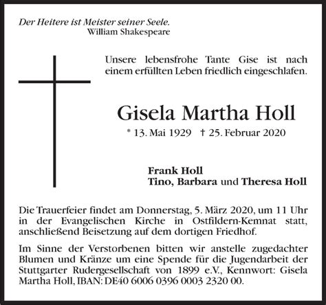 Traueranzeigen Von Gisela Martha Holl Stuttgart Gedenkt De