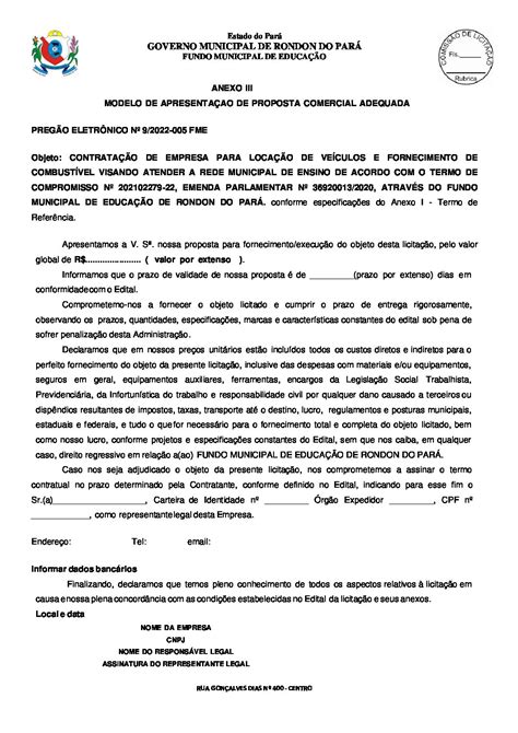 ANEXO III MODELO DE APRESENTAÇÃO DE PROPOSTA ADEQUADA Prefeitura