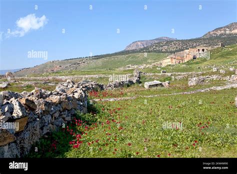 Remains Ruins In Hierapolis In The Background Ruins Of The Ancient