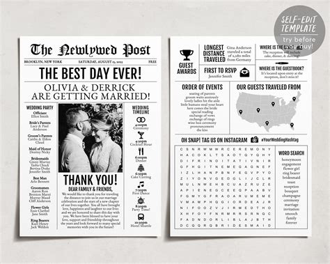 Mini 5x7 Newspaper Wedding Program Template Editable Timeline