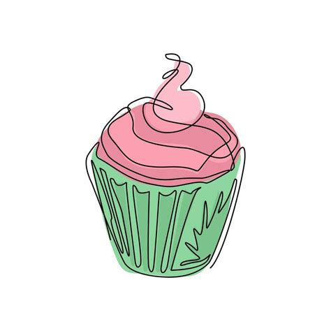 Continuous One Line Drawing Cupcake With Cream And Cherry Logo Hand