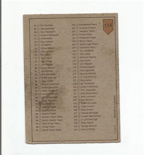 O Pee Chee Hockey Card Checklist Unmarked Ebay