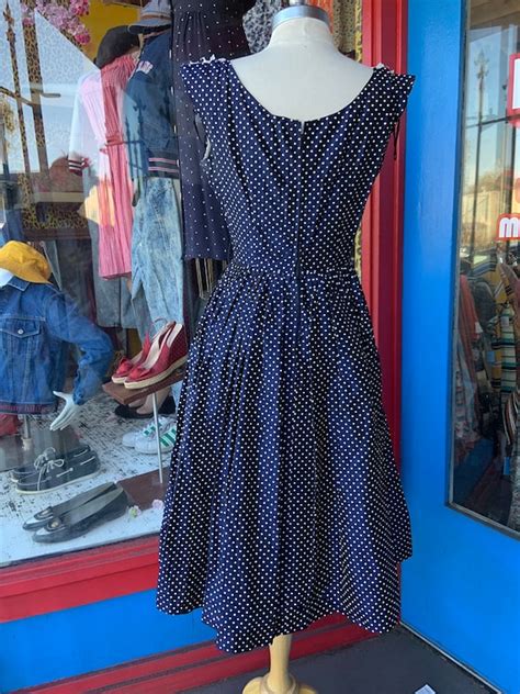 1950s Navy Blue Polka Dot Dress With White Lace Gem