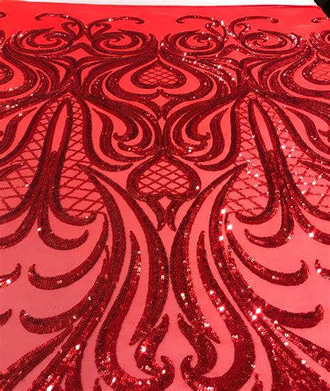 Red 4way Stretch Sequins Lace Mesh Fabric 50 Width Sold By Etsy