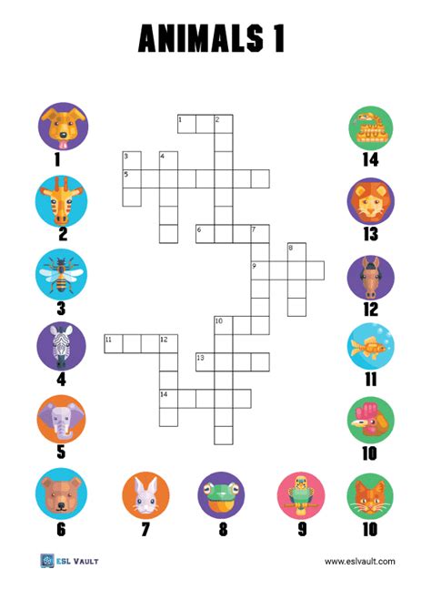 Easy 14 animals crossword for kids - ESL Vault