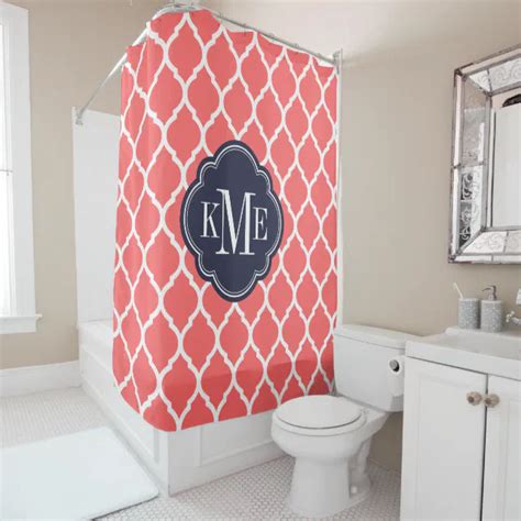 Coral And Navy Moroccan Quatrefoil Monogram Shower Curtain Zazzle