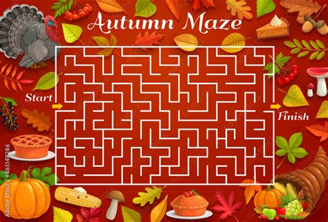 Autumn Labyrinth Vector Maze Game With Thanksgiving Turkey And