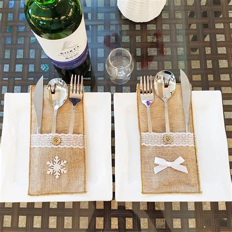 Buy Christmas Linen Lace Embellished Tableware Holder Dinner Table