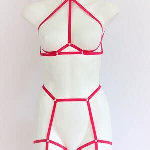 Red Body Harness Lingerie High Waist Lingerie Halter Top Red Cage Bralette Strappy Lingerie