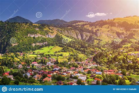 Summer Alpine Transylvania Landmark Landscape With Green Fields And