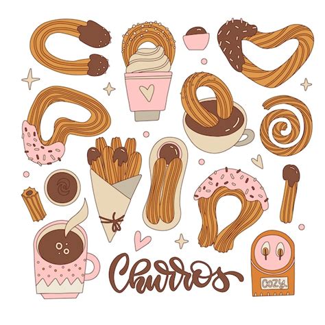 Conjunto De Churros De Diferentes Formas Con Salsa De Chocolate