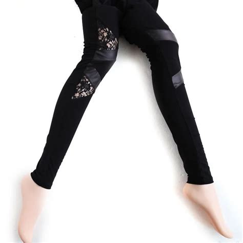 Sexy Black Floral Lace Leather Leggings Fashion Punk Patchwork Pants