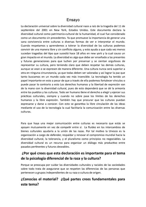 Ensayo Nota 10 Ensayo La declaración universal sobre la diversidad