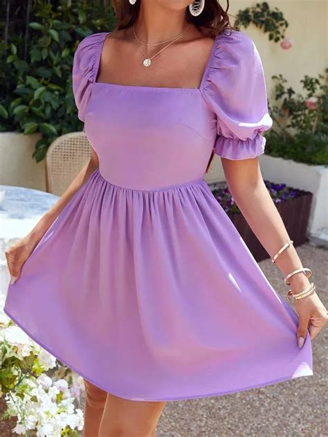 Square Neck Shirred Bodice Flounce Sleeve Ruffle Hem Dress Artofit