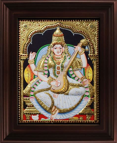 Teak Wood Frame Fine Finish Saraswathi Tanjore Painting For Wall