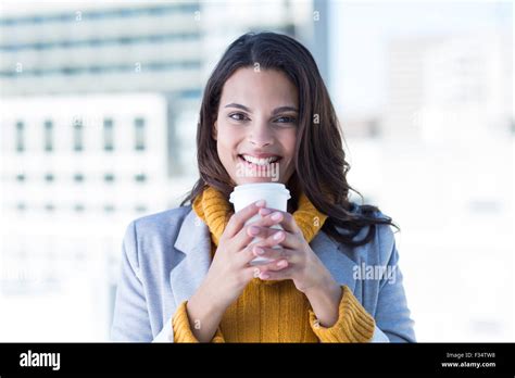 Smiling Beautiful Brunette Drinking Coffee Stock Photo Alamy