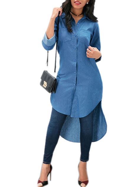 Denim Jeans Dresses For Women Buttons Boyfriend Shirt Mini Dress Baggy