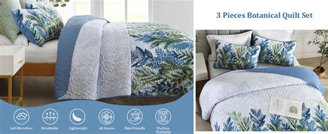 Amazon WONGS BEDDING Quilt Set Queen Size Blue Botanical Plants