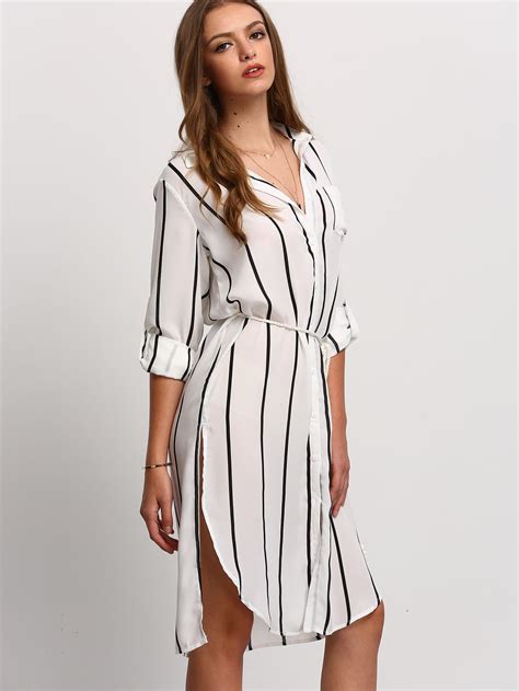 Black White Vertical Stripe Pocket Split Shirt Dress Sheinsheinside