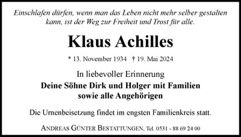 Traueranzeigen Von Klaus Achilles Trauer De