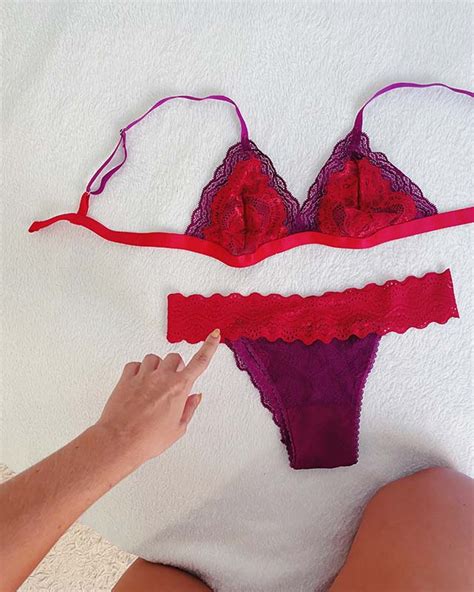 Conjunto Lingerie Top Tri Ngulo Renda Tanga Renda Roxo E Vermelho