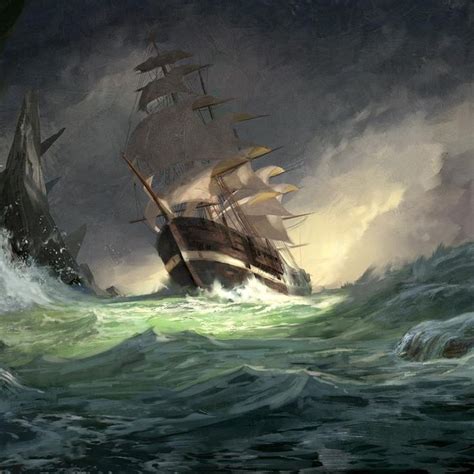 Two Ships In Rough Seas With One Sailing Away From The Other Painting