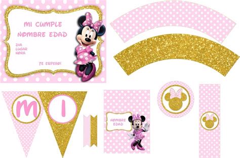 Kit Imprimible Minnie Rosa Y Dorado Solo Textos Editables En