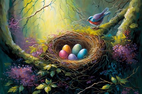 Premium Photo | A painting of a bird nest with eggs in it