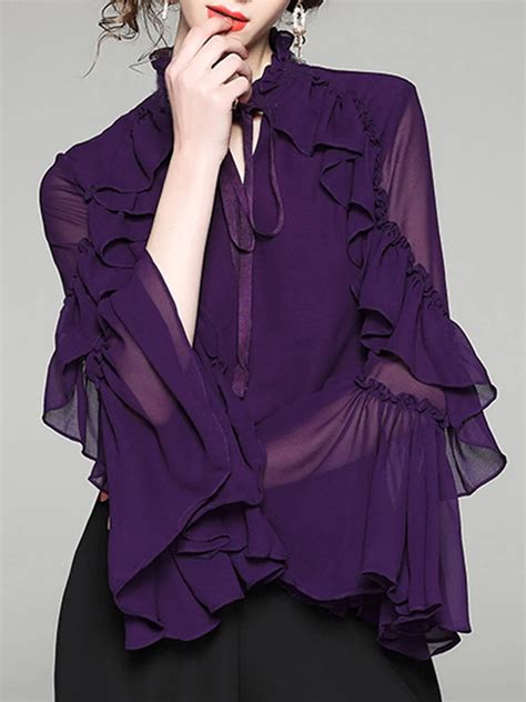 Stylewe Purple Elegant Women Blouses Polyester Daily Ruffled Blouses