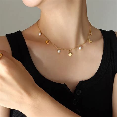 Fashion Freshwater Pearls Charm Necklace For Women Star Moon Clavicular