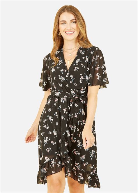 Mela Black Floral Frill Wrap Dress Matalan