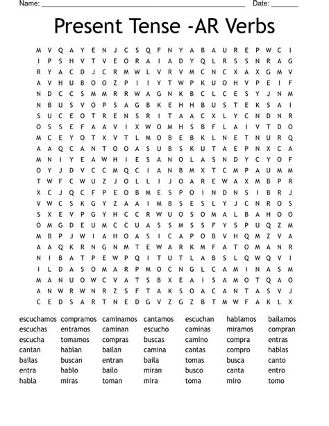 Present Tense AR Verbs Word Search WordMint