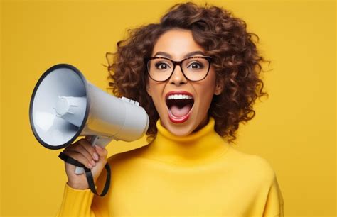 Premium Photo A Woman Holding A Megaphone On Yellow Background