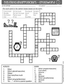 French Question Words Les Mots Interrogatifs CROSSWORD 3 Versions