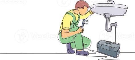 Continuous One Line Drawing Plumber Worker Repairs Sink In Bathroom And Plumbing Pipes Handyman