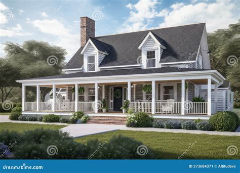 Classic Cape Cod House With Wrap Around Porch And Hanging Pots Stock