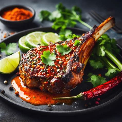 Premium AI Image A Spicy Roasted Lamb Chop With A Harissa And Yogurt