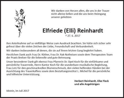 Traueranzeigen Von Elfriede Reinhardt Vrm Trauer De