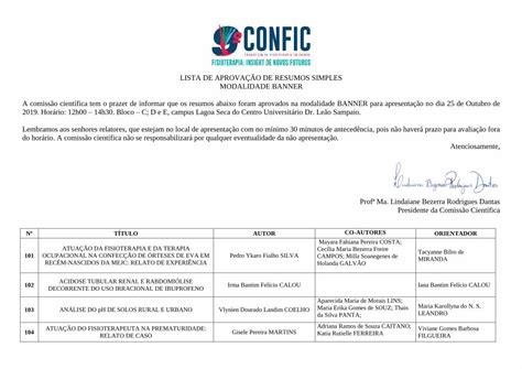 Pdf Lista De Aprova O De Resumos Simples A Comiss O Lista De