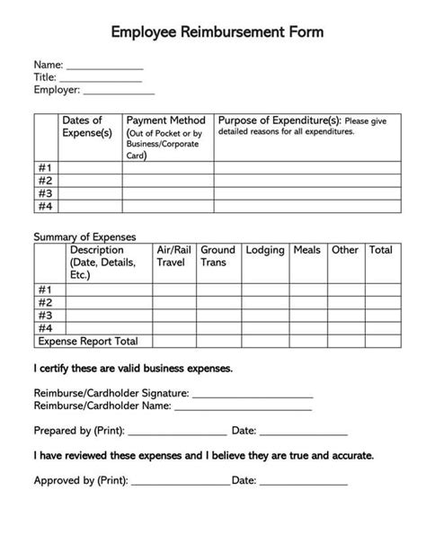 Employee Reimbursement Forms Free Printable